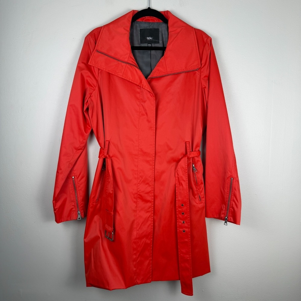 Mossimo Trench Coat Womens 2XL Red Long Sleeve Collared Belted Waist Full Zipper